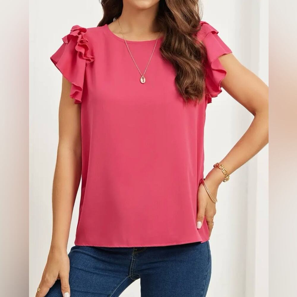 NWOT SHEIN hot pink layered ruffle trim flutter short sleeve blouse top XL